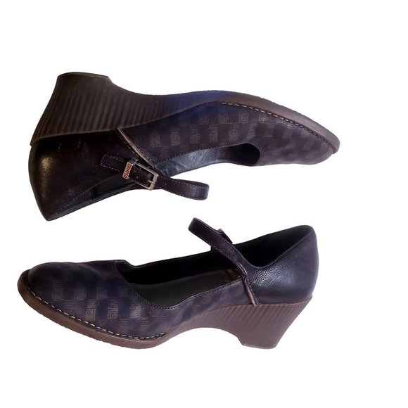Camper Mary Jane heels size 40 wedge navy/brown checkered print, leather. - Picture 2 of 11